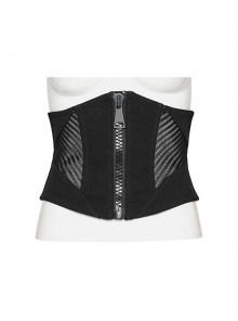 Handsome Punk Style Tight Version Simple Functional Spliced Zipper Drawstring Design Black Corset