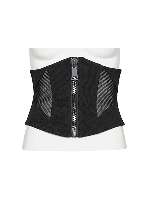 Handsome Punk Style Tight Version Simple Functional Spliced Zipper Drawstring Design Black Corset