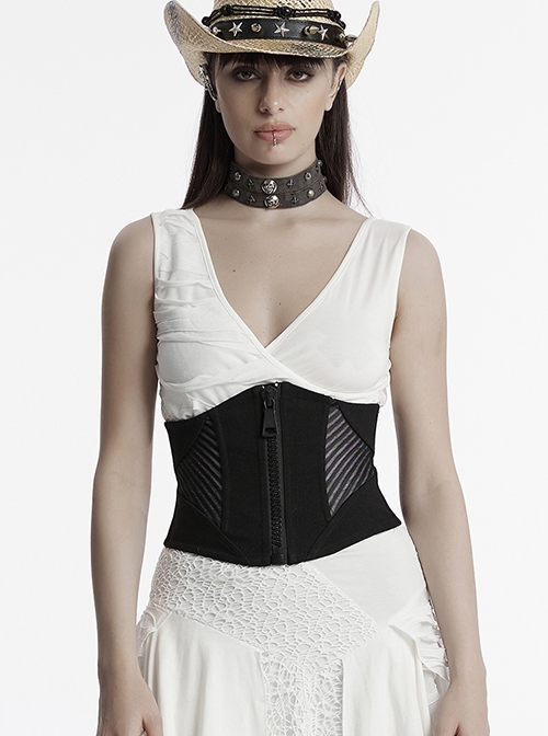 Handsome Punk Style Tight Version Simple Functional Spliced Zipper Drawstring Design Black Corset