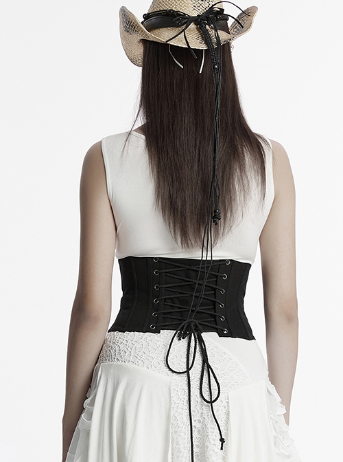 Handsome Punk Style Tight Version Simple Functional Spliced Zipper Drawstring Design Black Corset