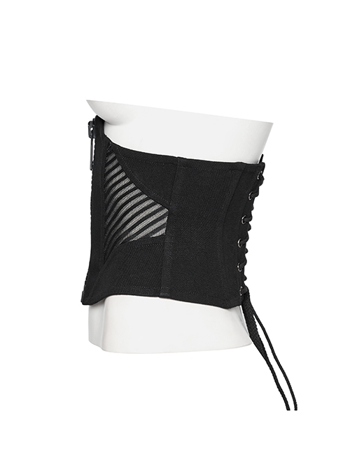 Handsome Punk Style Tight Version Simple Functional Spliced Zipper Drawstring Design Black Corset