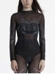 Unique Black Personality Skull Gradient Print Sexy Slightly Transparent Design Cyberpunk Style Long Sleeves T Shirt