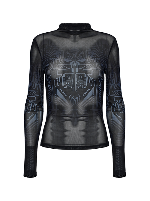 Unique Black Personality Skull Gradient Print Sexy Slightly Transparent Design Cyberpunk Style Long Sleeves T Shirt