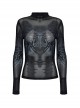 Unique Black Personality Skull Gradient Print Sexy Slightly Transparent Design Cyberpunk Style Long Sleeves T Shirt