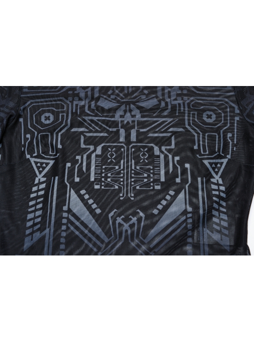 Unique Black Personality Skull Gradient Print Sexy Slightly Transparent Design Cyberpunk Style Long Sleeves T Shirt