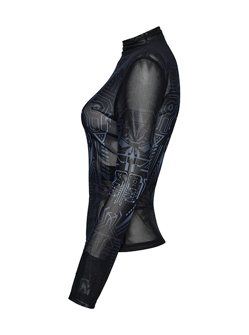 Unique Black Personality Skull Gradient Print Sexy Slightly Transparent Design Cyberpunk Style Long Sleeves T Shirt