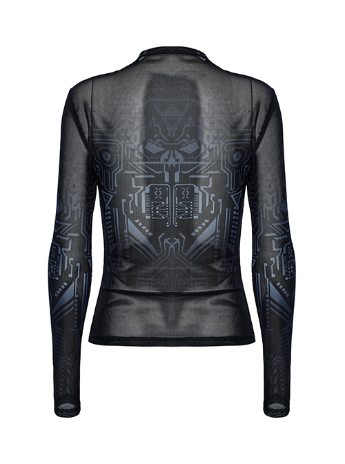 Unique Black Personality Skull Gradient Print Sexy Slightly Transparent Design Cyberpunk Style Long Sleeves T Shirt