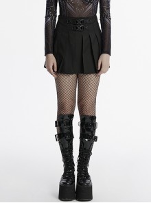 Daily Versatile Black Unique Buckle Design Personality Skull Rivet Decoration Punk Style Pleated Skirt