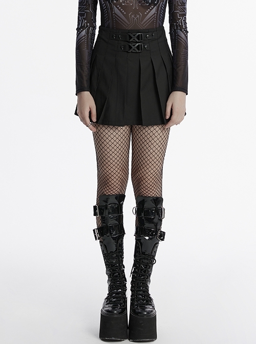 Daily Versatile Black Unique Buckle Design Personality Skull Rivet Decoration Punk Style Pleated Skirt