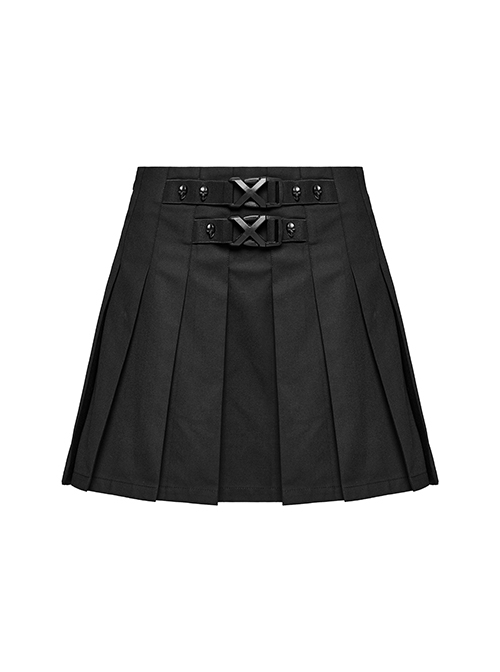Daily Versatile Black Unique Buckle Design Personality Skull Rivet Decoration Punk Style Pleated Skirt