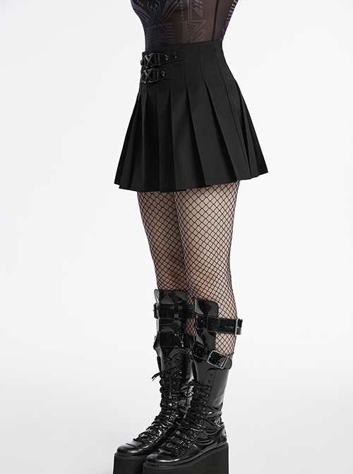 Daily Versatile Black Unique Buckle Design Personality Skull Rivet Decoration Punk Style Pleated Skirt