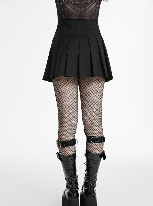 Daily Versatile Black Unique Buckle Design Personality Skull Rivet Decoration Punk Style Pleated Skirt