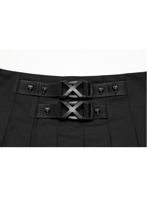 Daily Versatile Black Unique Buckle Design Personality Skull Rivet Decoration Punk Style Pleated Skirt