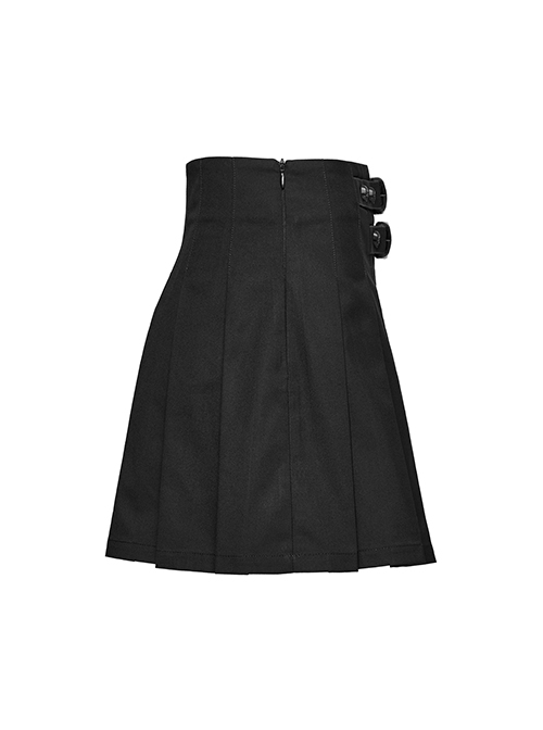 Daily Versatile Black Unique Buckle Design Personality Skull Rivet Decoration Punk Style Pleated Skirt
