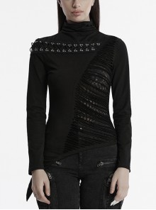 Personalized Black High Collar Irregular Hole Patchwork Design Lace Decoration Punk Style Long Sleeves Slim T Shirt