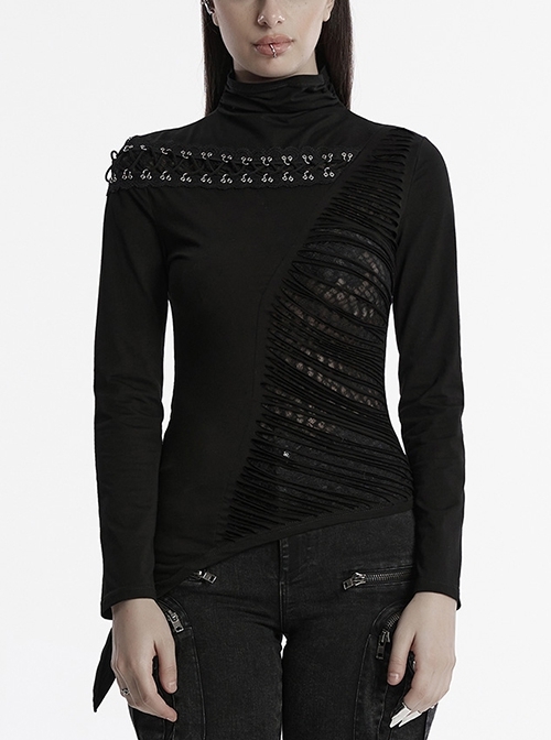 Personalized Black High Collar Irregular Hole Patchwork Design Lace Decoration Punk Style Long Sleeves Slim T Shirt