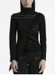 Personalized Black High Collar Irregular Hole Patchwork Design Lace Decoration Punk Style Long Sleeves Slim T Shirt