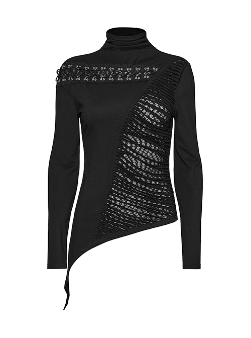 Personalized Black High Collar Irregular Hole Patchwork Design Lace Decoration Punk Style Long Sleeves Slim T Shirt