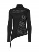 Personalized Black High Collar Irregular Hole Patchwork Design Lace Decoration Punk Style Long Sleeves Slim T Shirt