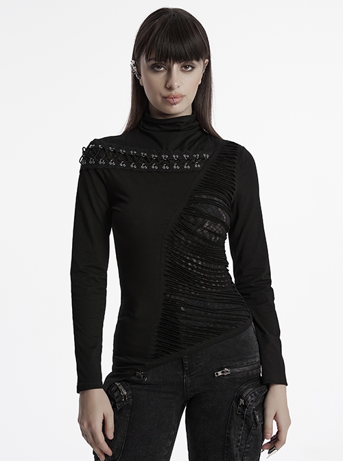 Personalized Black High Collar Irregular Hole Patchwork Design Lace Decoration Punk Style Long Sleeves Slim T Shirt