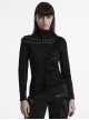 Personalized Black High Collar Irregular Hole Patchwork Design Lace Decoration Punk Style Long Sleeves Slim T Shirt