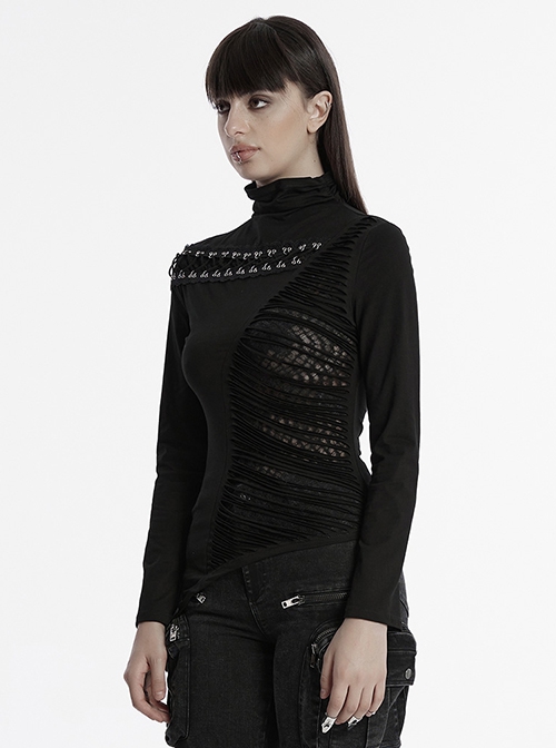 Personalized Black High Collar Irregular Hole Patchwork Design Lace Decoration Punk Style Long Sleeves Slim T Shirt