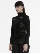 Personalized Black High Collar Irregular Hole Patchwork Design Lace Decoration Punk Style Long Sleeves Slim T Shirt