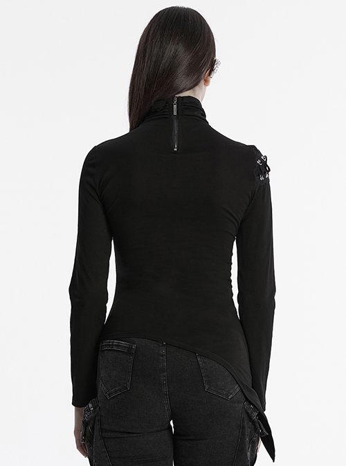 Personalized Black High Collar Irregular Hole Patchwork Design Lace Decoration Punk Style Long Sleeves Slim T Shirt