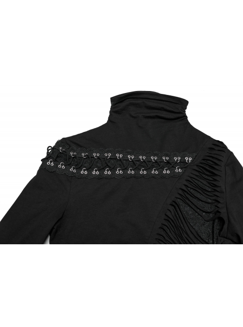 Personalized Black High Collar Irregular Hole Patchwork Design Lace Decoration Punk Style Long Sleeves Slim T Shirt