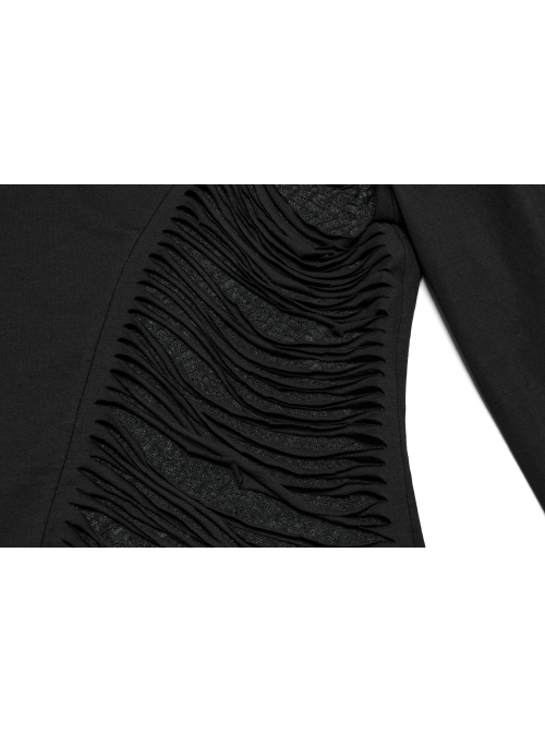 Personalized Black High Collar Irregular Hole Patchwork Design Lace Decoration Punk Style Long Sleeves Slim T Shirt