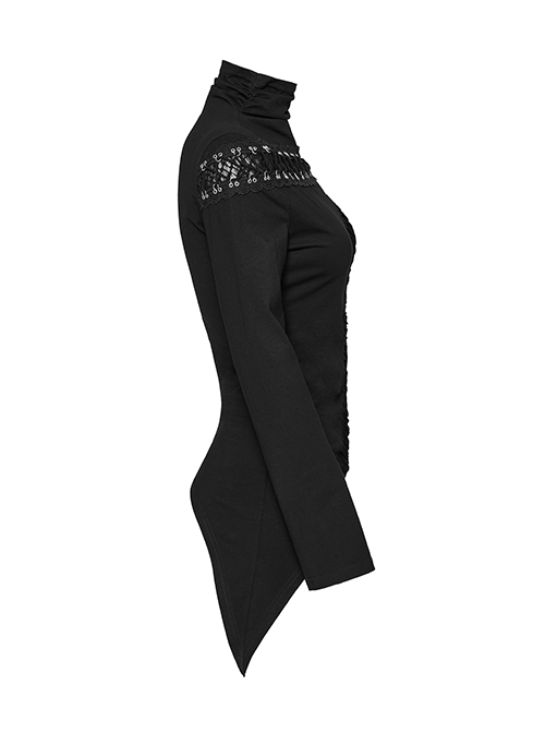 Personalized Black High Collar Irregular Hole Patchwork Design Lace Decoration Punk Style Long Sleeves Slim T Shirt