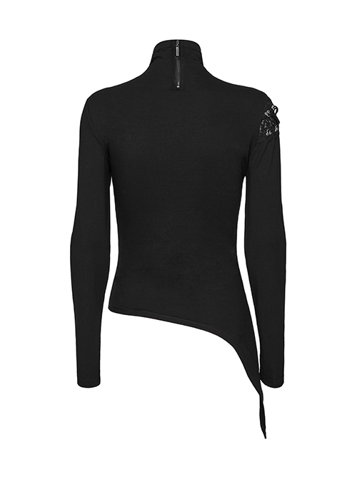 Personalized Black High Collar Irregular Hole Patchwork Design Lace Decoration Punk Style Long Sleeves Slim T Shirt