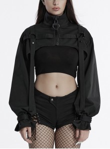 Black Cool Handsome Functional Metal Buckle Zipper Design Punk Style Long Sleeves Short Jacket