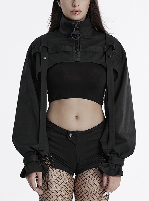 Black Cool Handsome Functional Metal Buckle Zipper Design Punk Style Long Sleeves Short Jacket