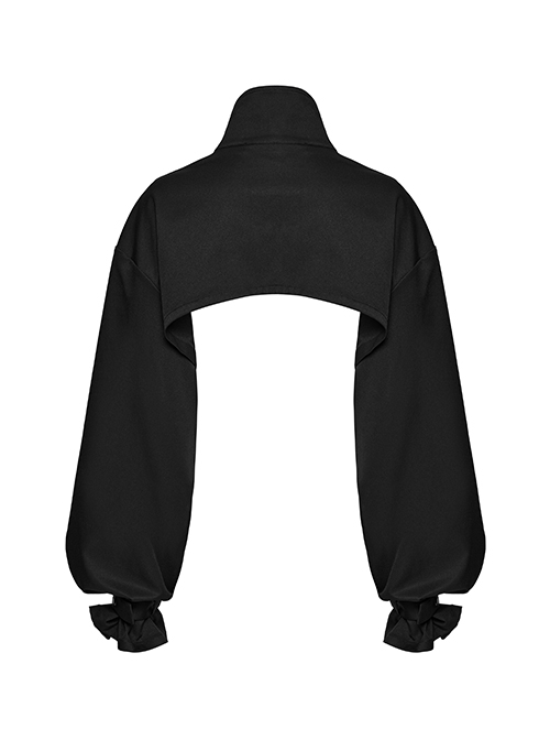 Black Cool Handsome Functional Metal Buckle Zipper Design Punk Style Long Sleeves Short Jacket