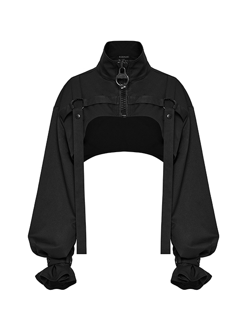 Black Cool Handsome Functional Metal Buckle Zipper Design Punk Style Long Sleeves Short Jacket