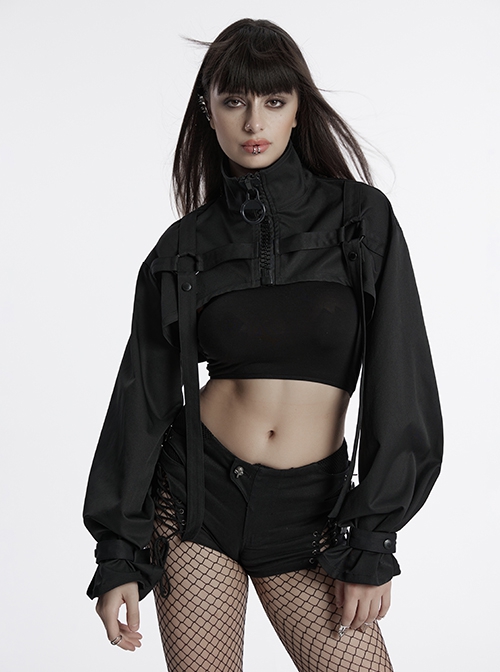Black Cool Handsome Functional Metal Buckle Zipper Design Punk Style Long Sleeves Short Jacket