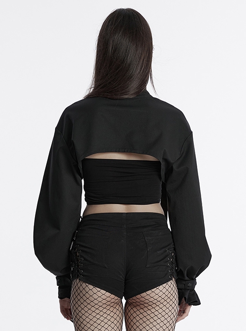Black Cool Handsome Functional Metal Buckle Zipper Design Punk Style Long Sleeves Short Jacket