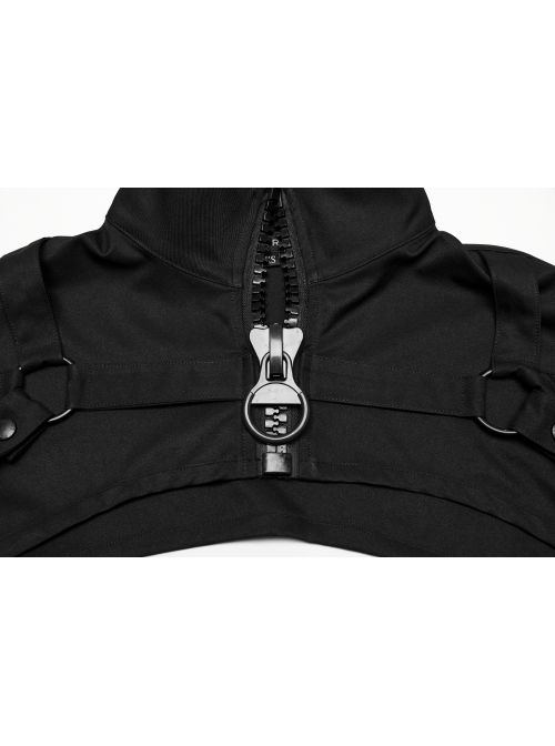 Black Cool Handsome Functional Metal Buckle Zipper Design Punk Style Long Sleeves Short Jacket