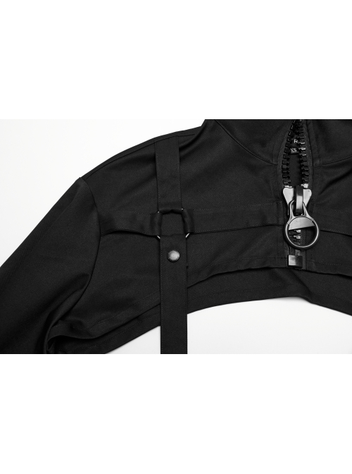 Black Cool Handsome Functional Metal Buckle Zipper Design Punk Style Long Sleeves Short Jacket