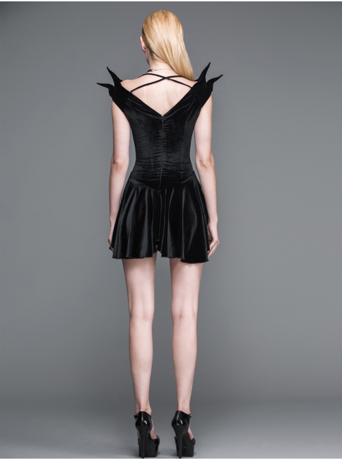Off-Shoulder Lace-Up Shoulder Small Wings Black Gothic Velvet Dress