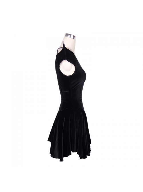 Off-Shoulder Lace-Up Shoulder Small Wings Black Gothic Velvet Dress