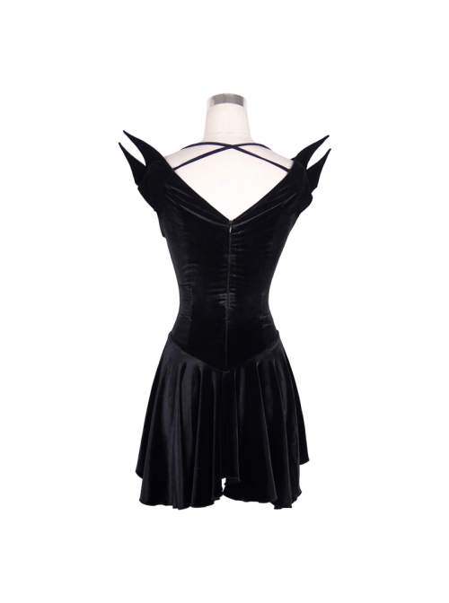 Off-Shoulder Lace-Up Shoulder Small Wings Black Gothic Velvet Dress