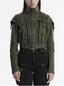 Handsome Green Military Style Metal Rivet Buckle Decoration Punk Style Long Sleeves Short Jacket