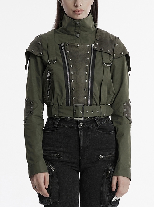 Handsome Green Military Style Metal Rivet Buckle Decoration Punk Style Long Sleeves Short Jacket