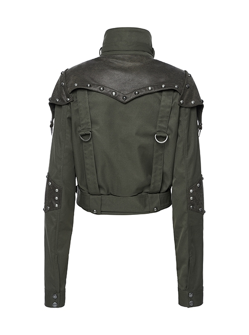 Handsome Green Military Style Metal Rivet Buckle Decoration Punk Style Long Sleeves Short Jacket