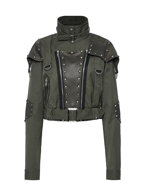 Handsome Green Military Style Metal Rivet Buckle Decoration Punk Style Long Sleeves Short Jacket