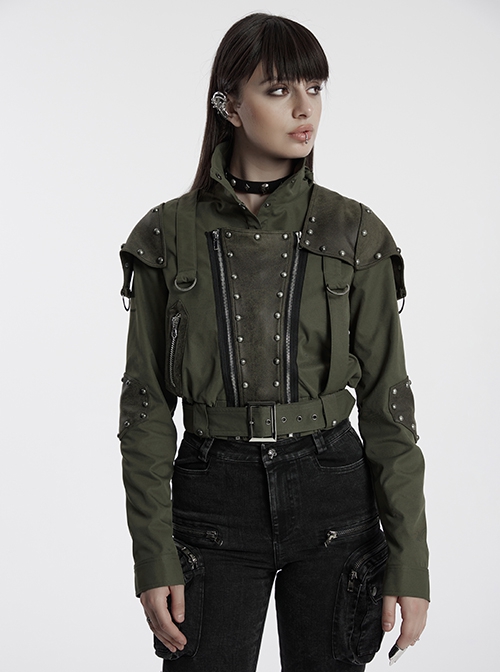 Handsome Green Military Style Metal Rivet Buckle Decoration Punk Style Long Sleeves Short Jacket