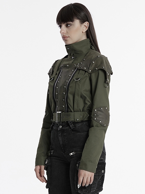 Handsome Green Military Style Metal Rivet Buckle Decoration Punk Style Long Sleeves Short Jacket