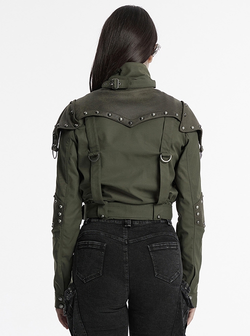 Handsome Green Military Style Metal Rivet Buckle Decoration Punk Style Long Sleeves Short Jacket